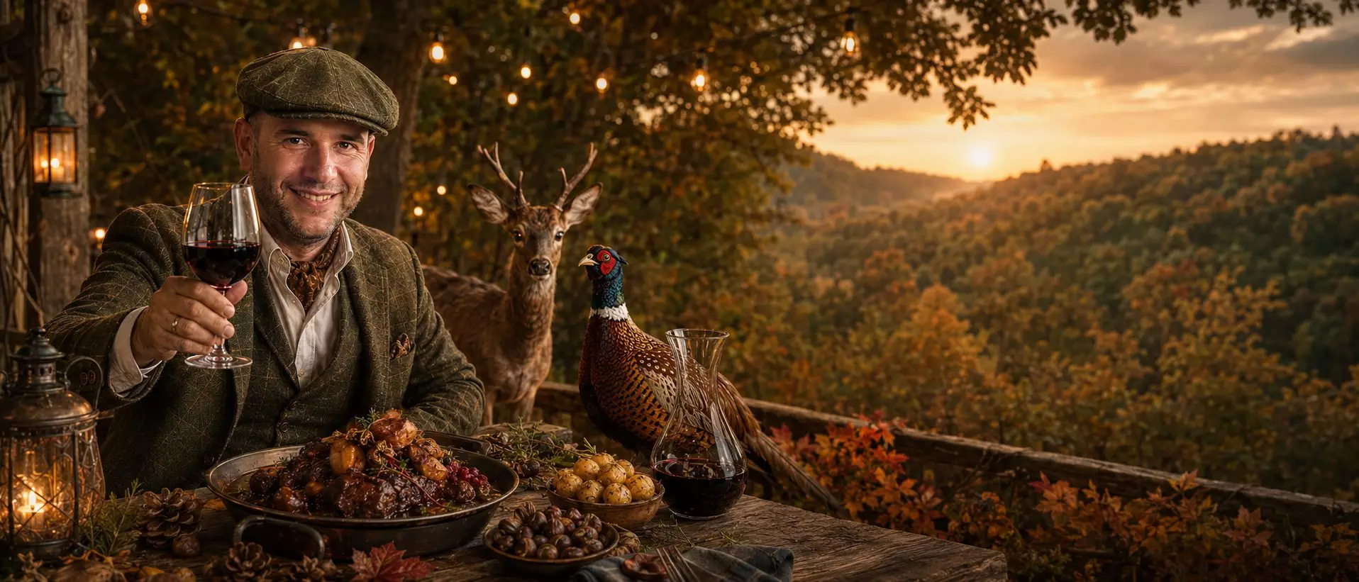 Paul De Pierre heft een glas rode wijn aan een herfsttafel met wildstoofpot, kastanjes en fazant, met een hert en een zonsondergang boven de bossen