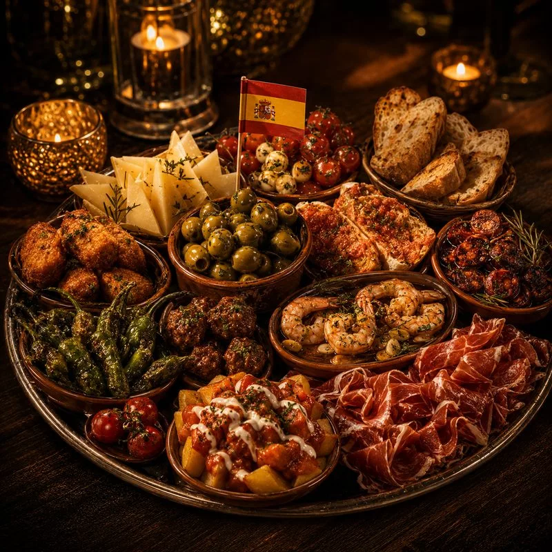 Spaans tapasplateau met jamón, croquetas, patatas bravas, olijven en gambas