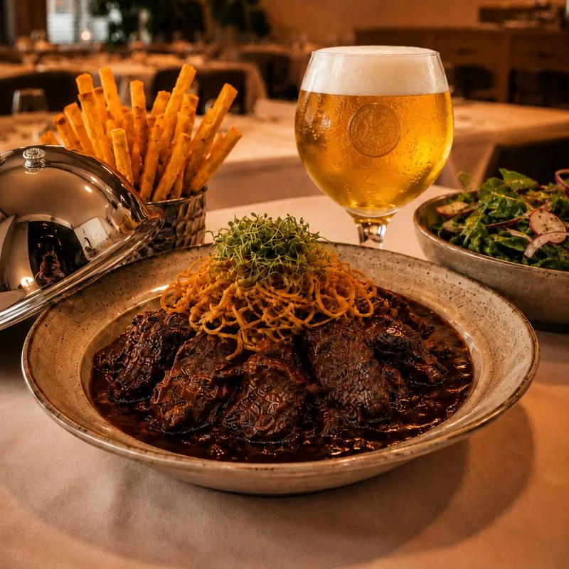 Stoofvlees met krokante frietjes, salade en een glas bier