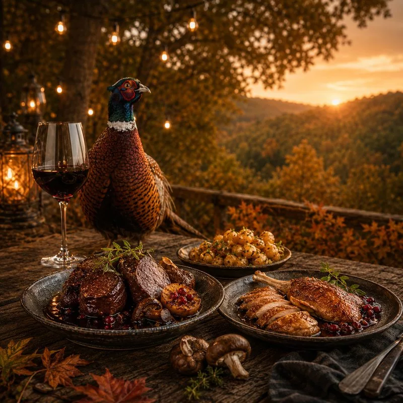 Herfsttafel met hertenkalffilet, gebraden fazant, krieltjes en een fazant bij zonsondergang