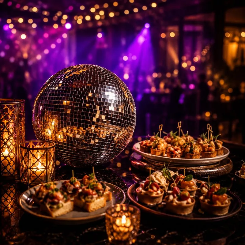 Discobal, kaarslicht en hapjes op een feesttafel met paarse verlichting