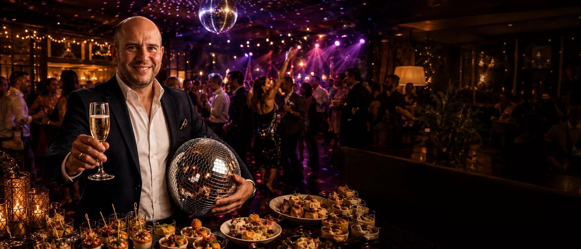 Paul De Pierre heft een glas champagne op de dansvloer, met een spiegelbol onder de arm en een walking-dinnerbuffet op de voorgrond