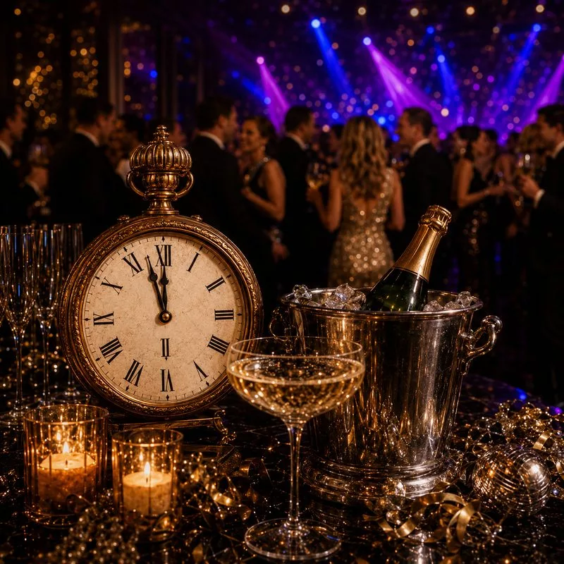 Gouden zakhorloge op middernacht, champagne in een emmer en een coupe op een feesttafel met kaarslicht