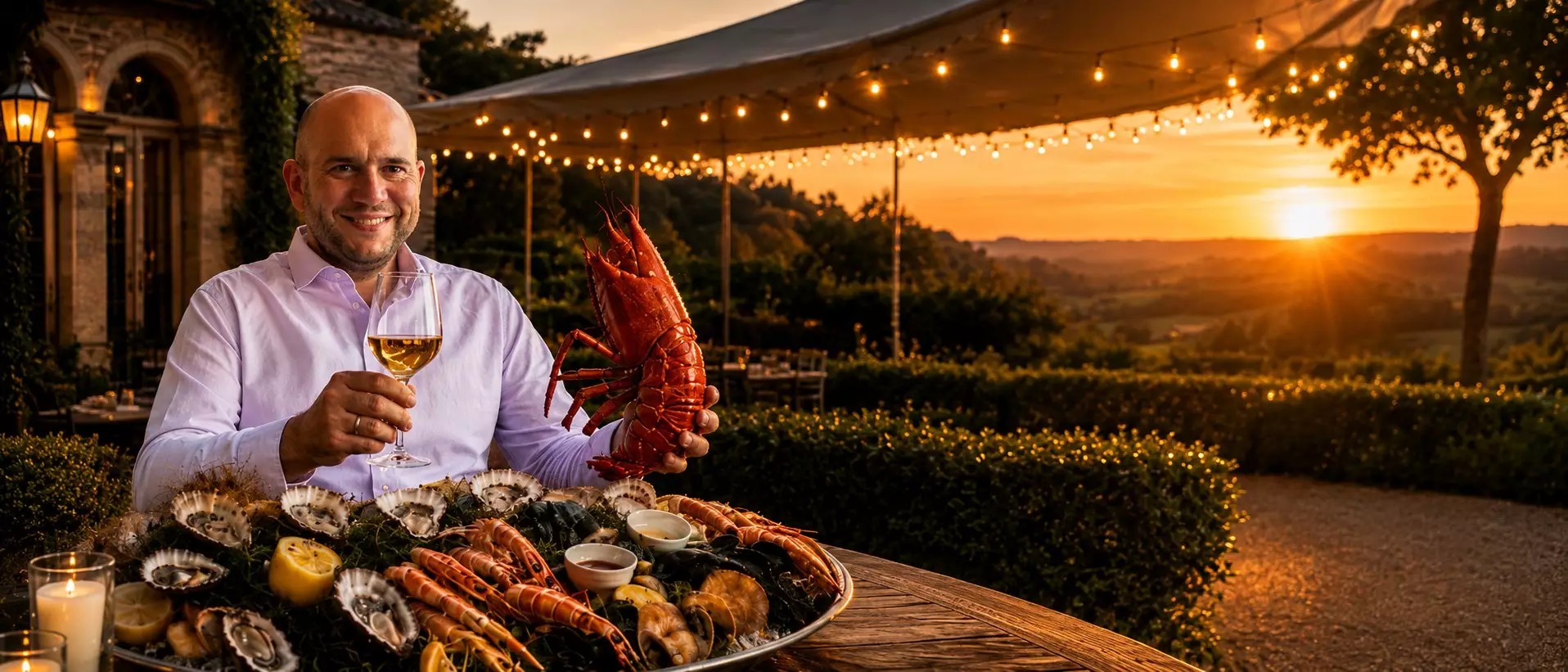 Paul De Pierre met een fruits de mer-plateau op de wijngaardlocatie bij zonsondergang