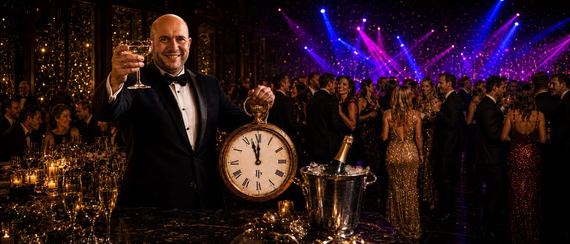 Paul De Pierre in smoking heft een coupe champagne op en houdt een groot gouden zakhorloge vast dat op middernacht staat, met een gedekte galatafel links en een dansende zaal rechts