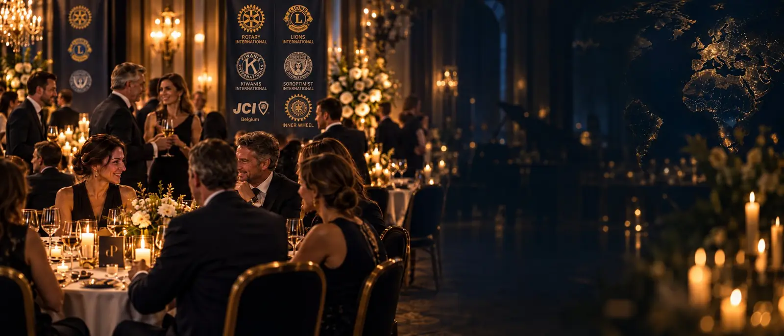 Soirée de gala chez Paul De Pierre : des convives en tenue de soirée à des tables dressées à la lueur des bougies, avec les bannières du Rotary, du Lions, du Kiwanis, du Soroptimist, du JCI et de l'Inner Wheel en arrière-plan