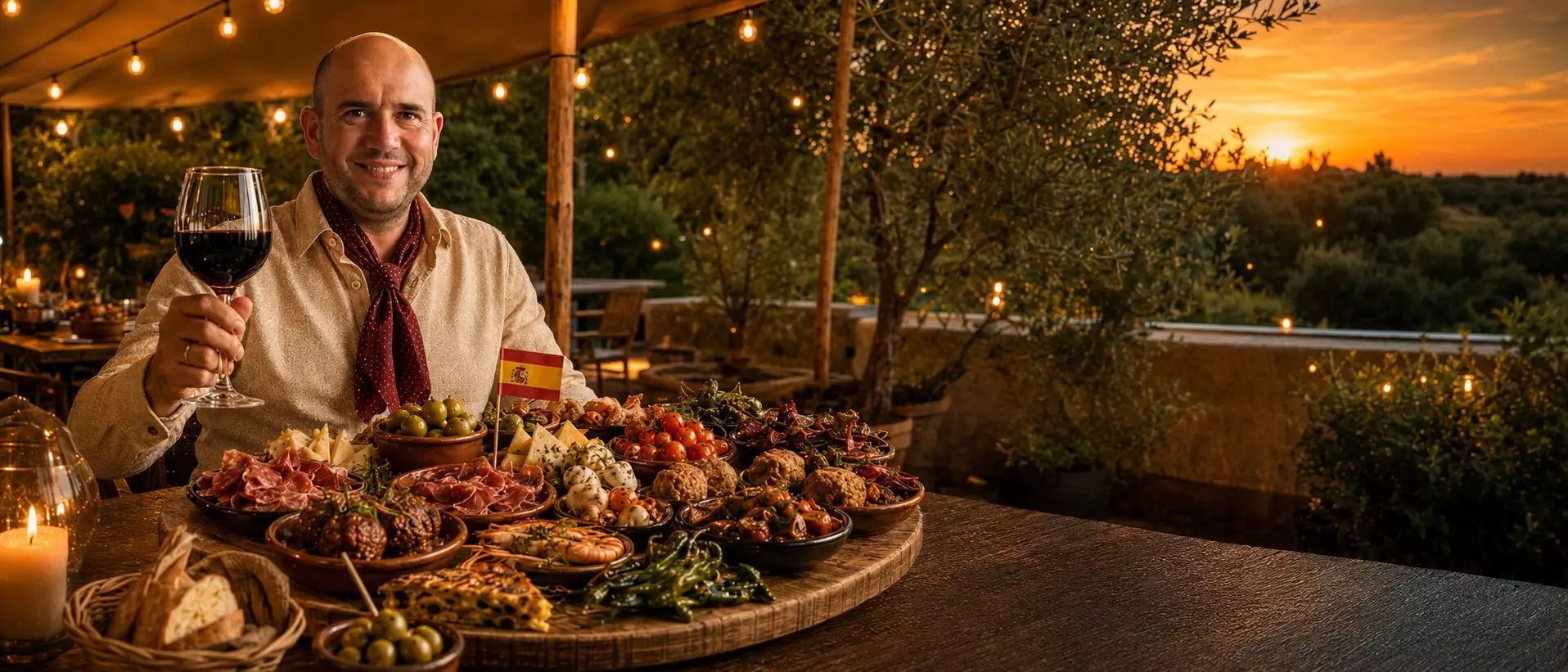 Paul De Pierre heft een glas Spaanse wijn aan een ronde tafel vol tapas, onder lichtsnoeren bij zonsondergang