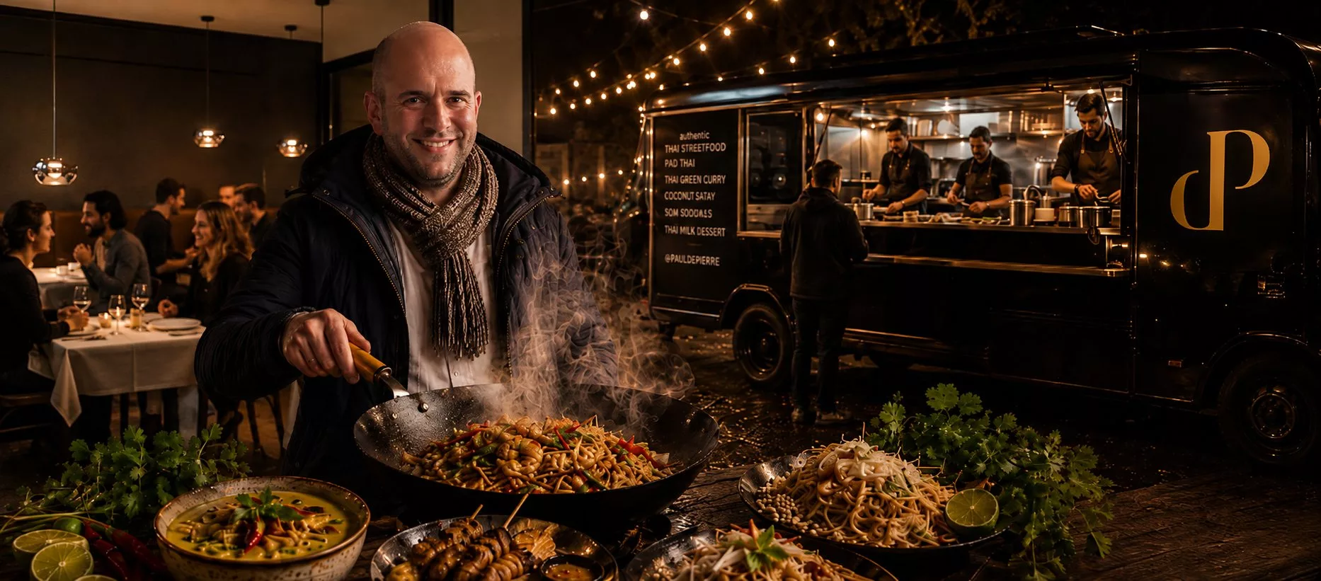 Paul De Pierre wokt Thai streetfood bij de foodtruck, met gasten aan tafel en lichtsnoeren in de winteravond